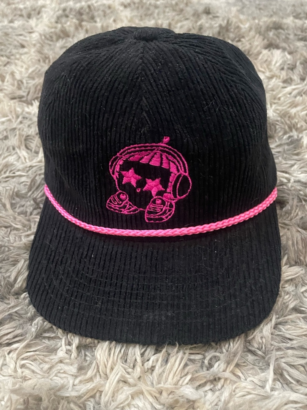 Snag Collective Black Corduroy Pink Rope Hat with Kirby Embroidery